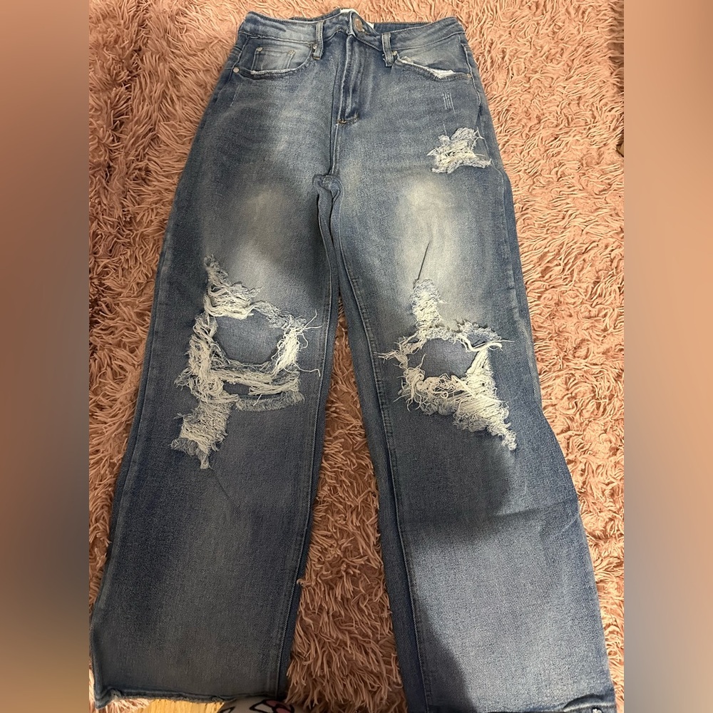 Blue ripped high waisted wide leg denim jeans